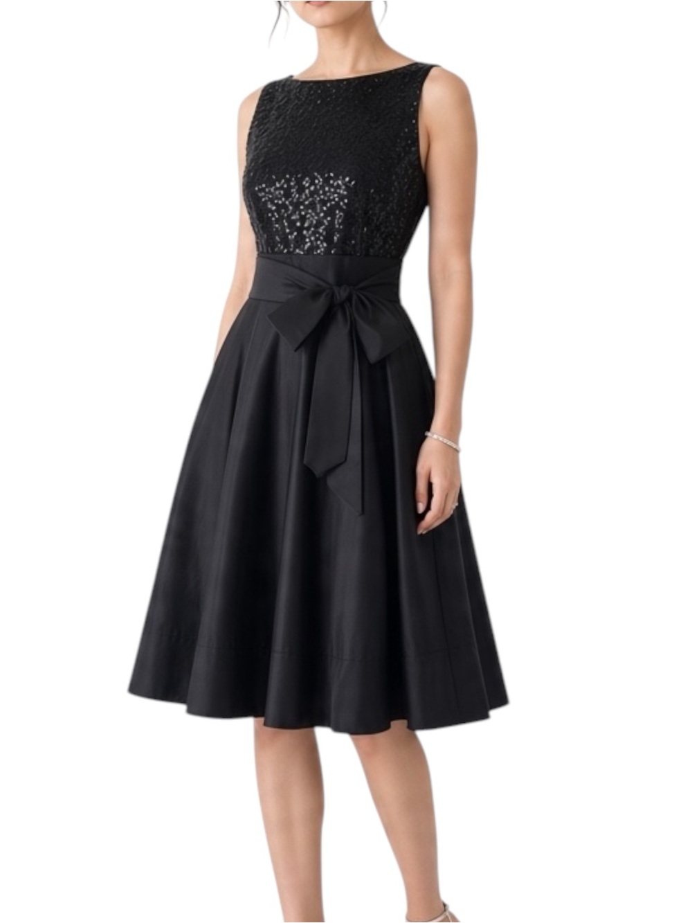 S.L.Fashions Black Satin Sequin Fit-and-Flare Dress Bow Tie NWOT Size 8 Evening
